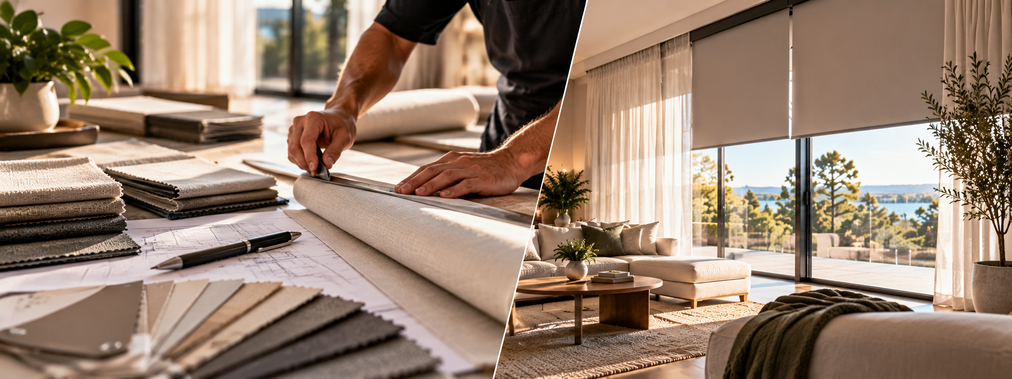 4HR Interiors craftsmanship — measuring and cutting fabric samples alongside a styled living room with roller blinds and sheer curtains