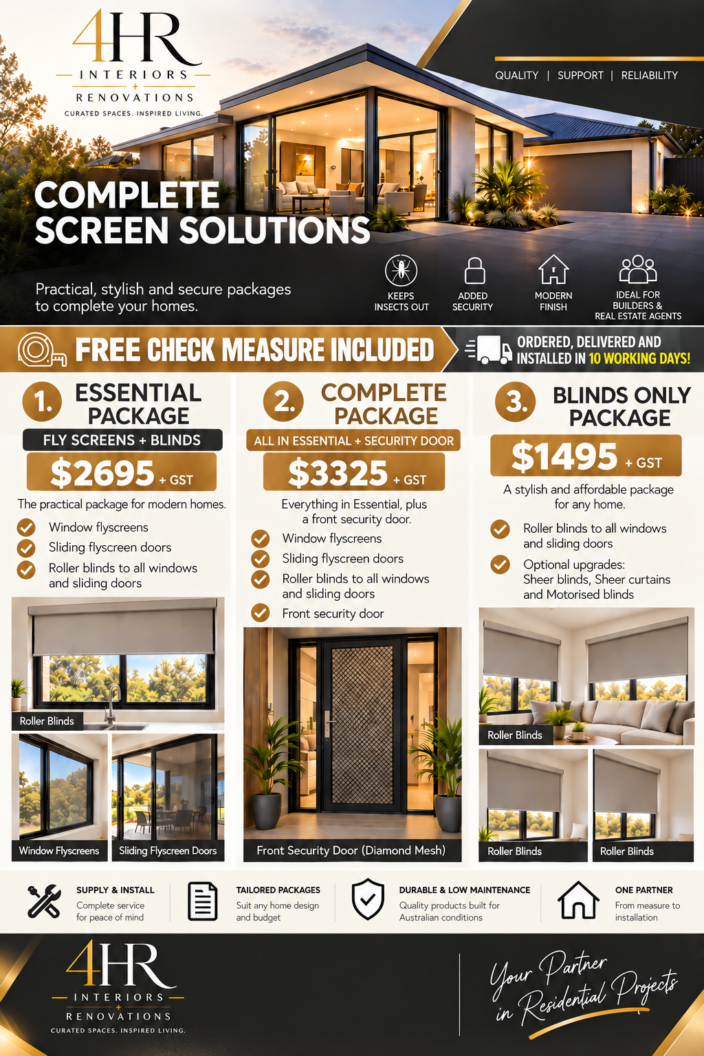 4HR Interiors Complete Screen Solutions — Essential Package $2,695, Complete Package $3,325, Blinds Only Package $1,495. Free check measure included, ordered and installed in 10 working days.